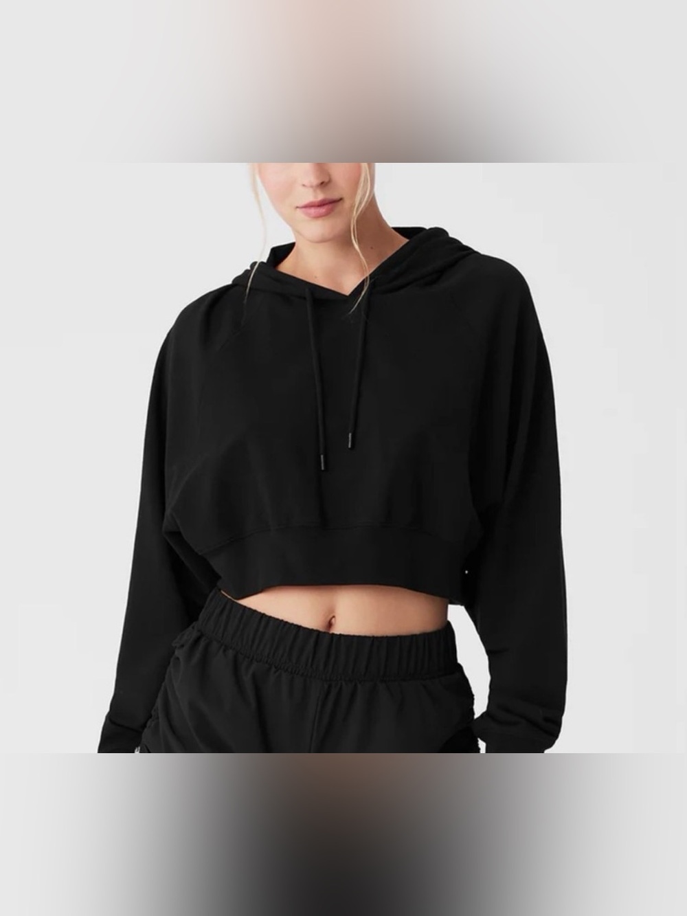 ALO Cropped Double Take Black Hoodie with Drawstring Hood